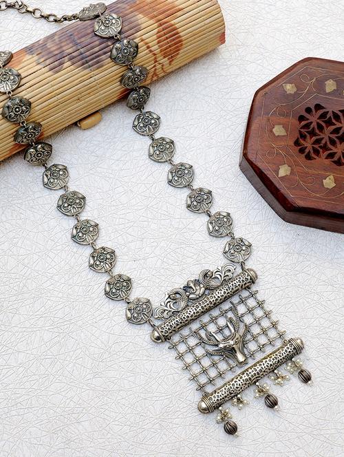 silver brass long necklace - 19755179 - Standard Image - 0