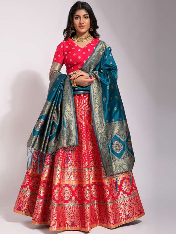 self designed woven flared lehenga