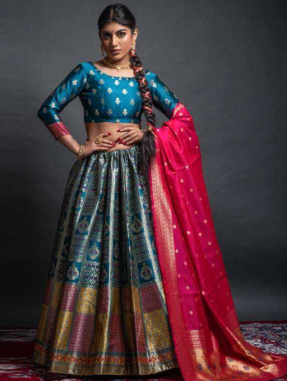 self designed woven flared lehenga