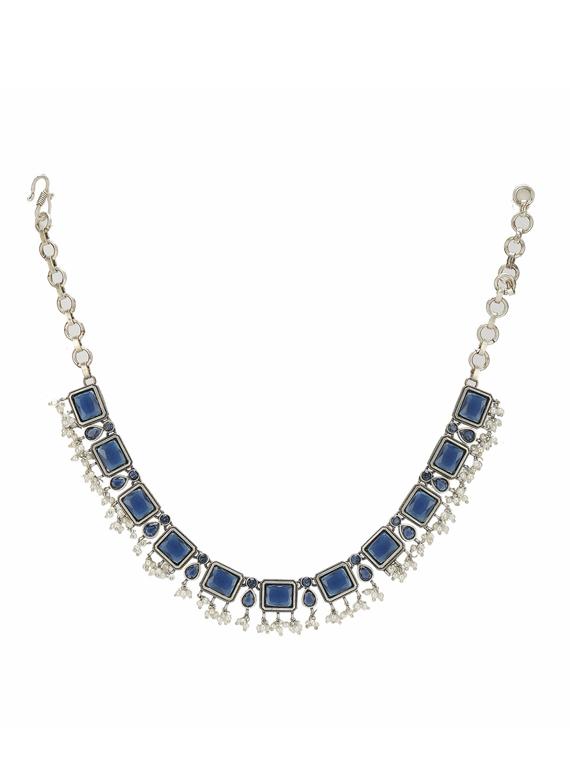 blue stone brass oxidised choker necklaces and earring - 19755325 - Standard Image - 1