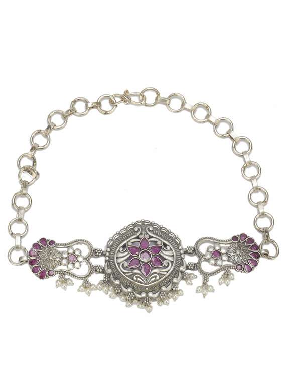 silver brass oxidised choker necklaces and earring  - 19755326 -  Standard Image - 1