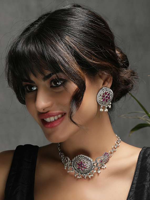 silver brass oxidised choker necklaces and earring  - 19755326 -  Standard Image - 4