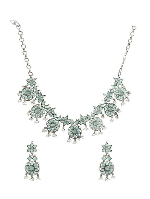 green stone brass oxidised necklaces and earring 