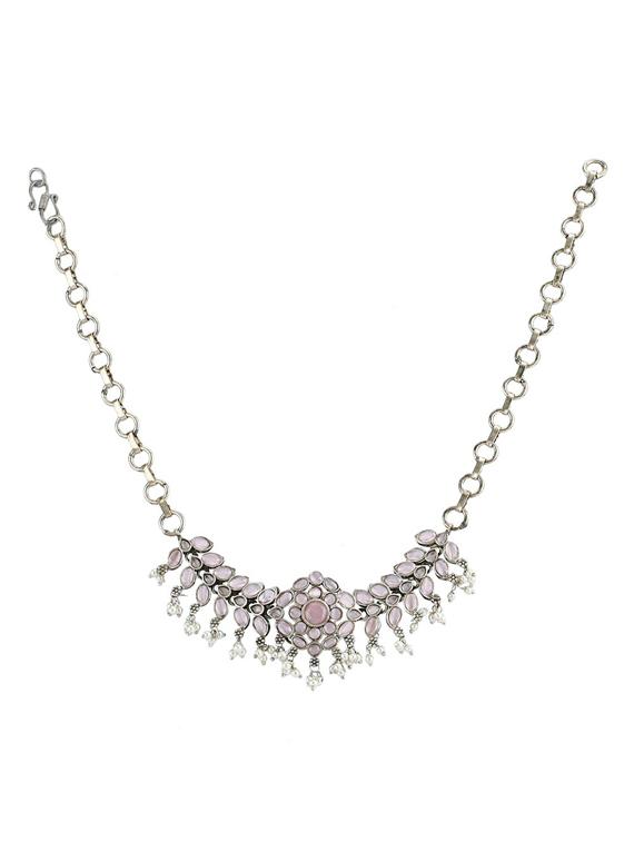 pink stone silver brass oxidised choker necklaces and earring - 19755340 - Standard Image - 1