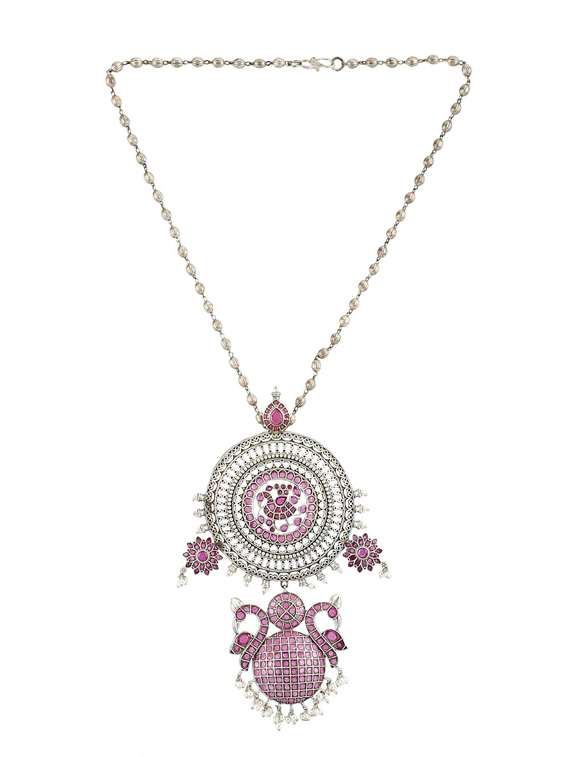 pink stone brass oxidised long necklaces and earring  - 19755342 -  Standard Image - 1