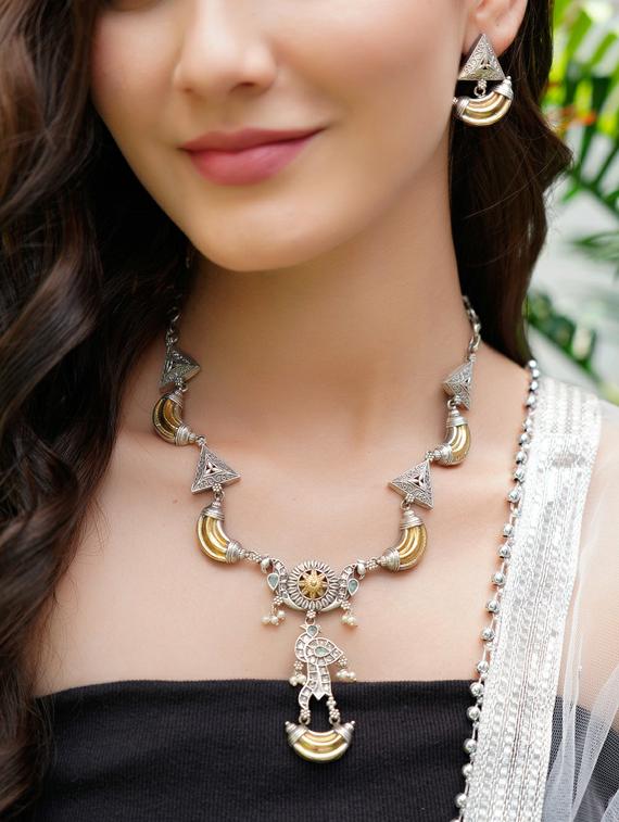 dual tone brass necklace and earring - 19755347 - Standard Image - 4
