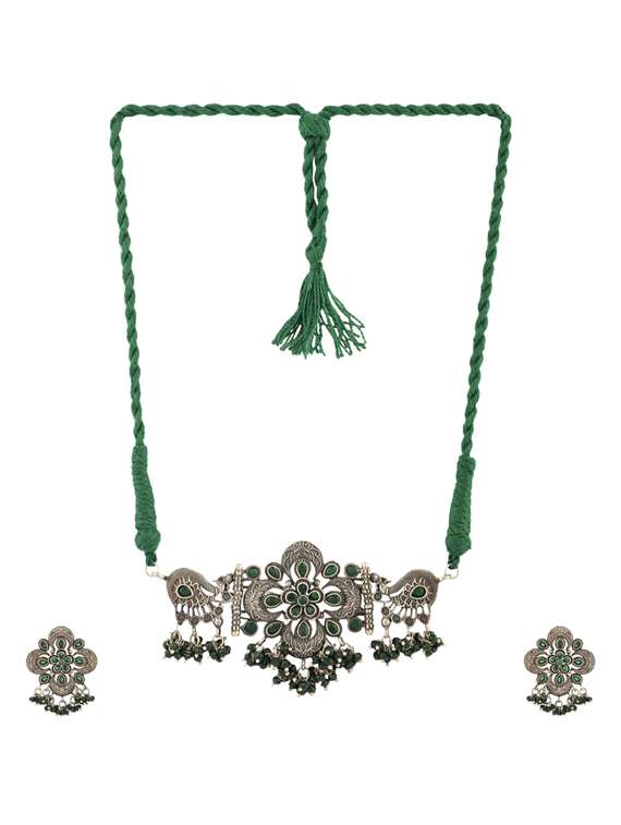 green tone brass oxidised choker necklaces and earring 