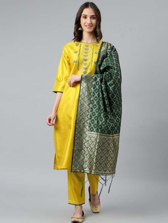 women three quarter sleeve kurta pant with dupatta set