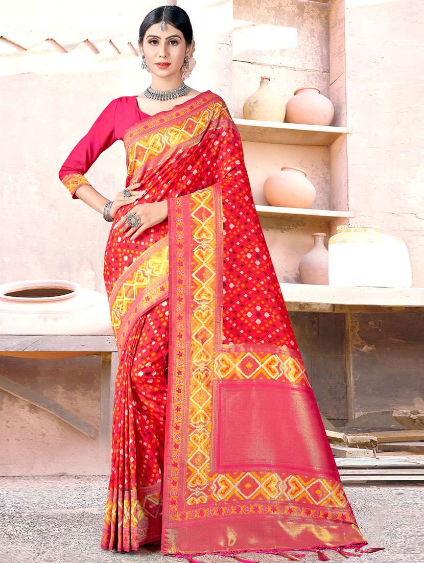 women's self design red colored saree with blouse