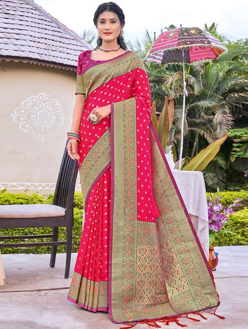 pink self design banarasi saree with blouse