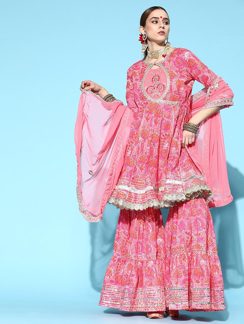 printed gota work kurta sharara set