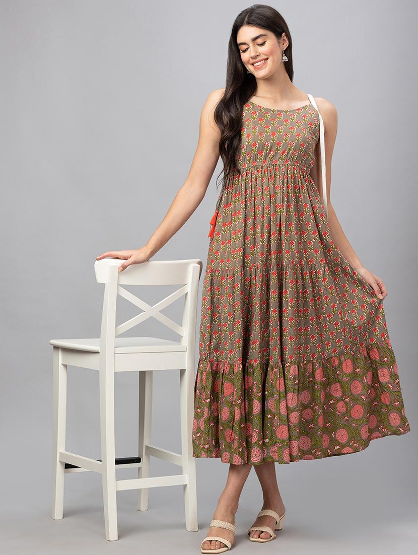 women brown cotton fit & flare dress - 19766409 - Standard Image - 1