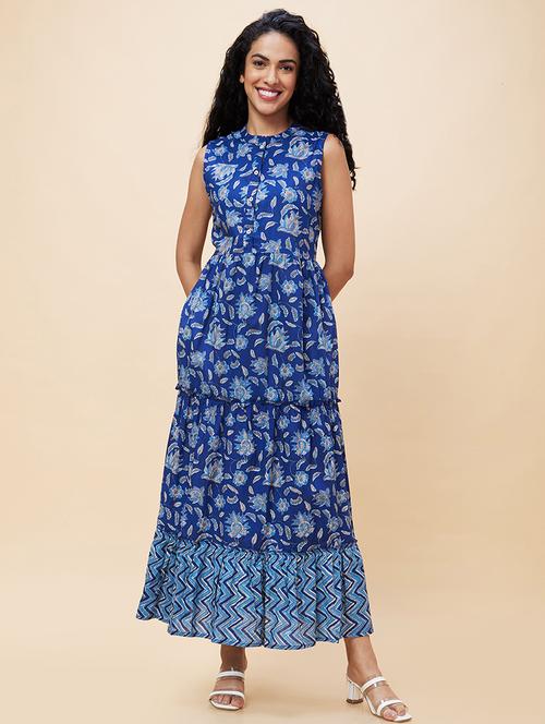 globus women blue floral print band neck gathered fit & flare tiered maxi dress - 19766431 -  Standard Image - 0