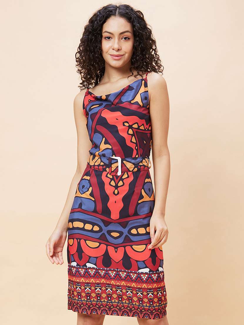 globus women multi color abstract cowl neck with adjustable strappy sleeve a-line dress - 19766442 - Zoom Image - 0