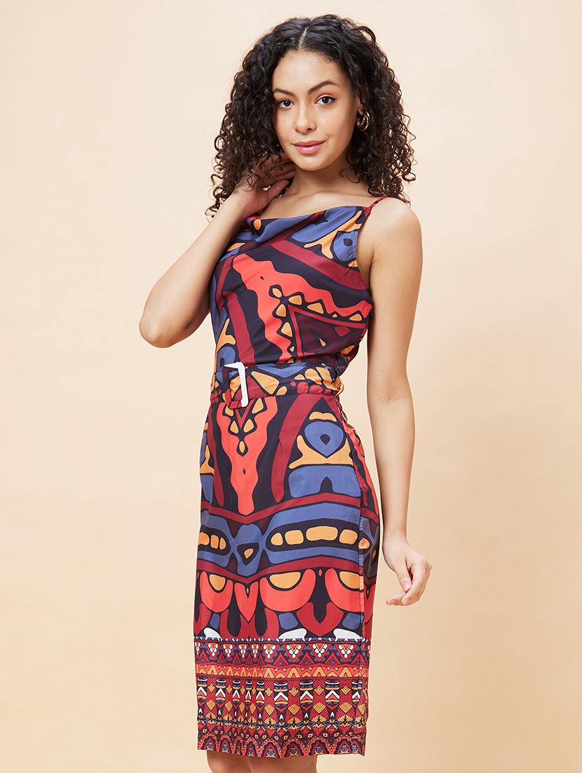 globus women multi color abstract cowl neck with adjustable strappy sleeve a-line dress - 19766442 -  Standard Image - 1