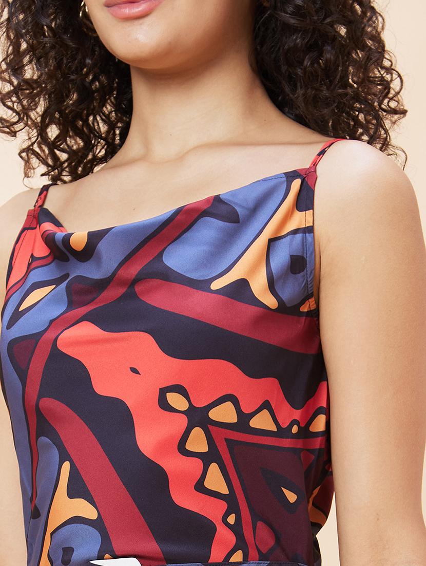 globus women multi color abstract cowl neck with adjustable strappy sleeve a-line dress - 19766442 - Standard Image - 4