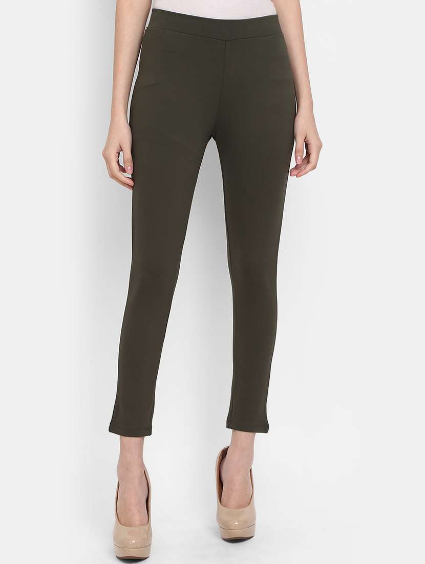 women olive green cotton jegging