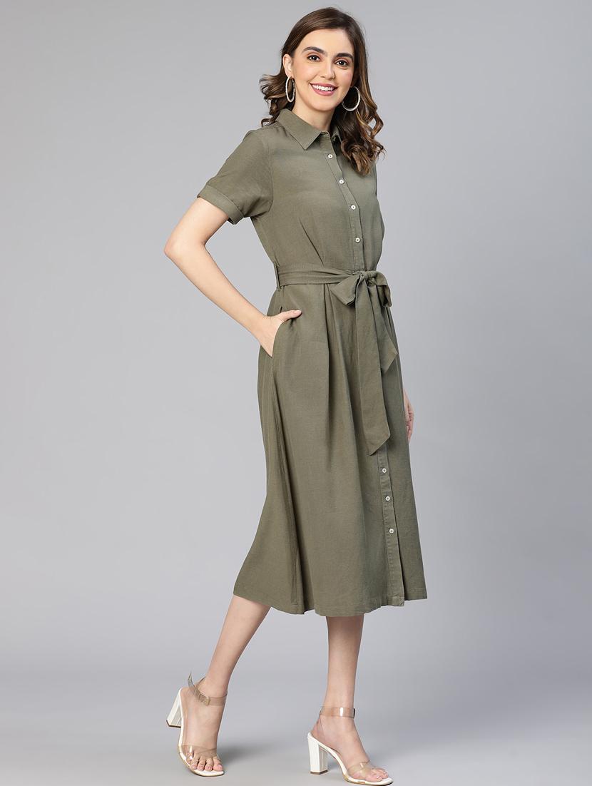 olive solid shirt dress with belt - 19768034 - Standard Image - 1