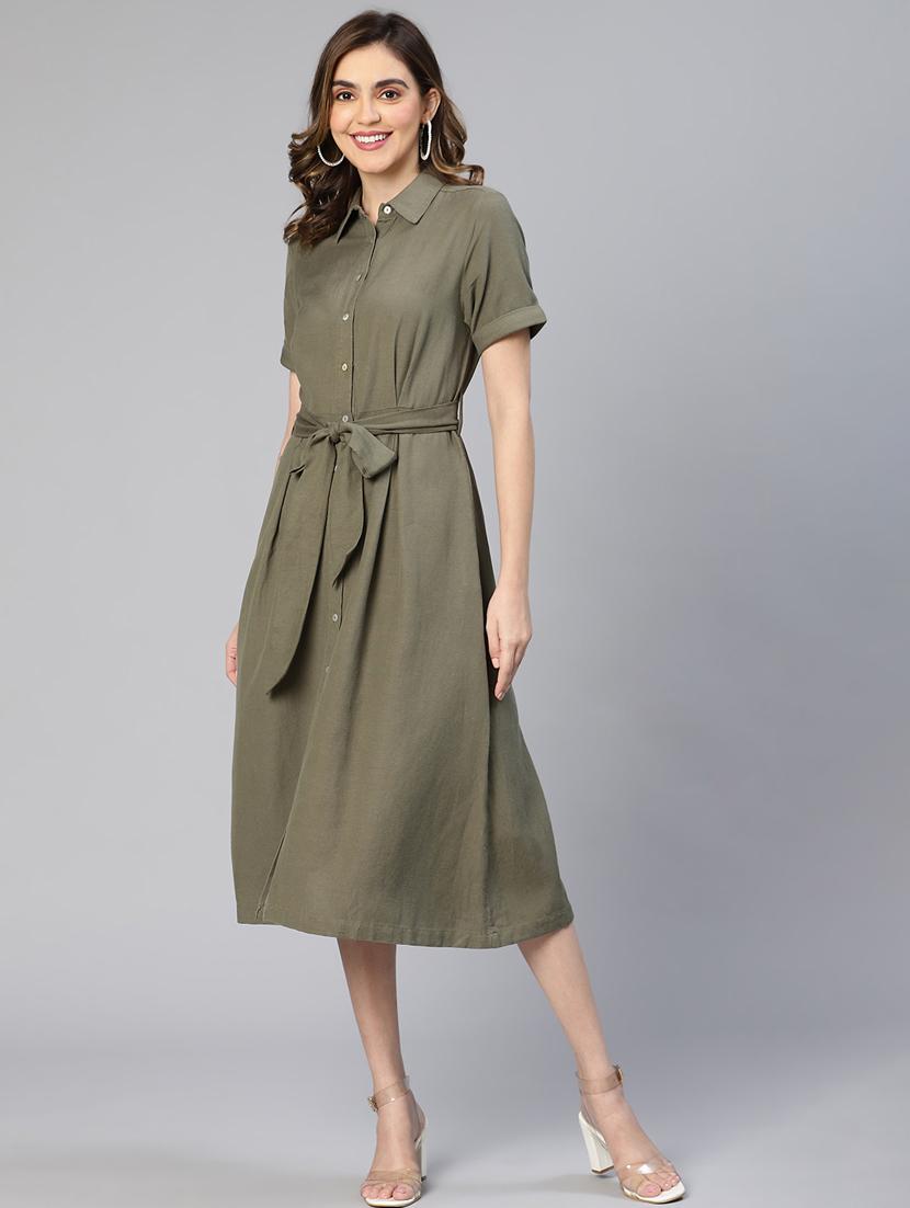 olive solid shirt dress with belt - 19768034 - Standard Image - 4
