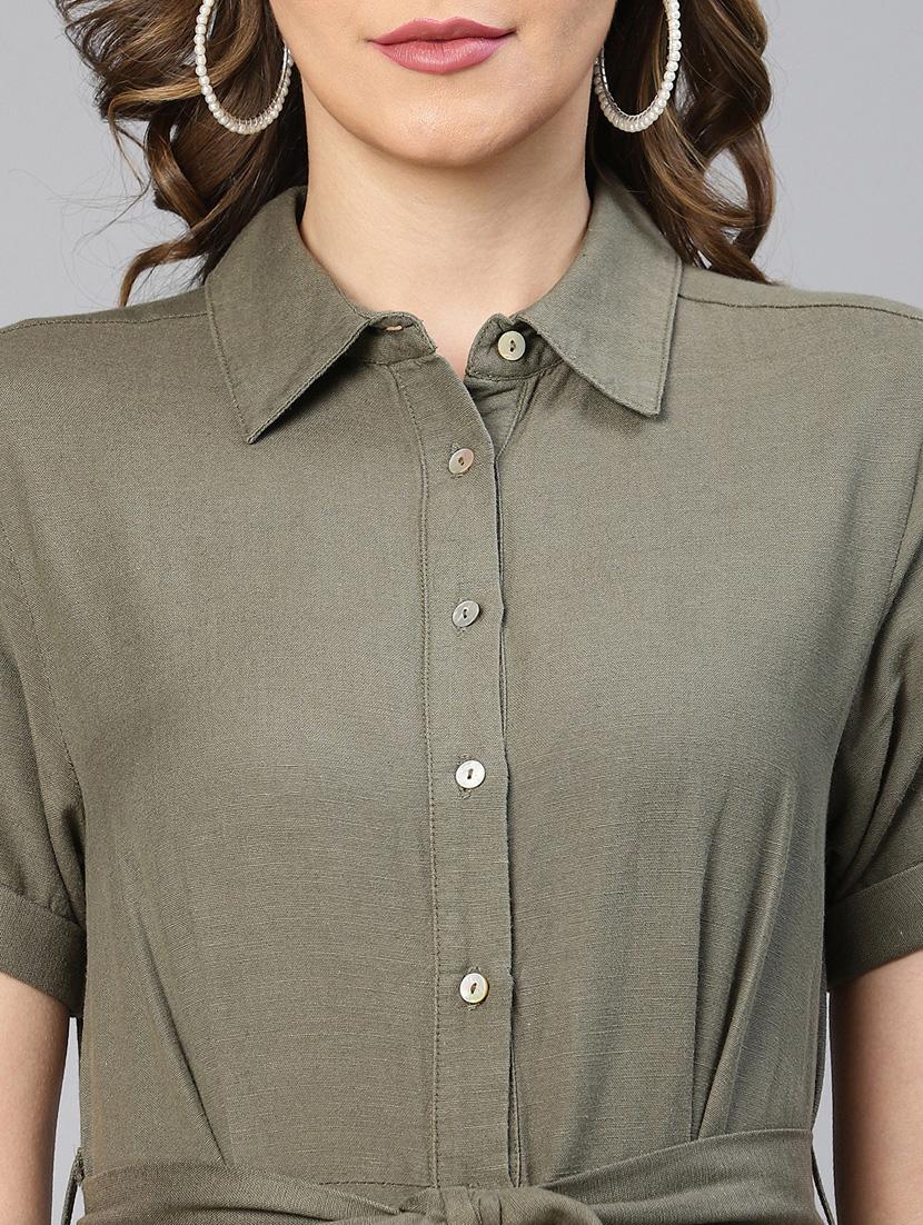 olive solid shirt dress with belt - 19768034 - Standard Image - 6
