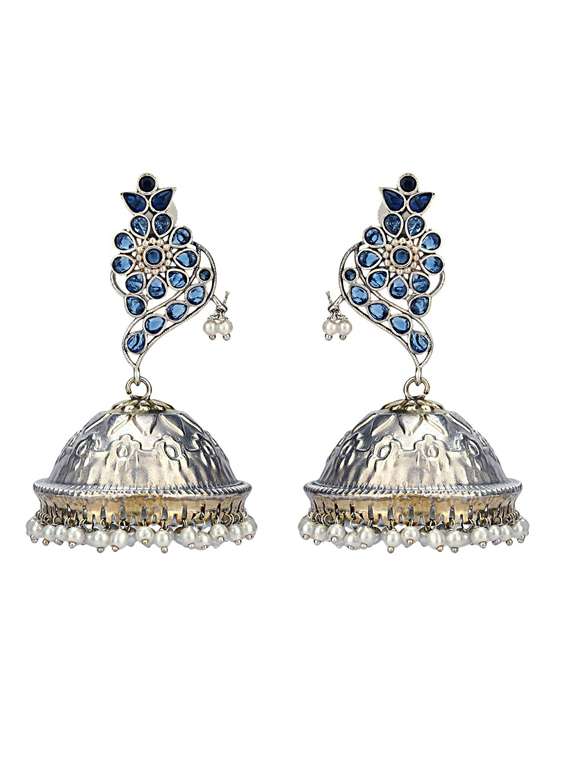 sliver brass oxidised beaded jhumka earring