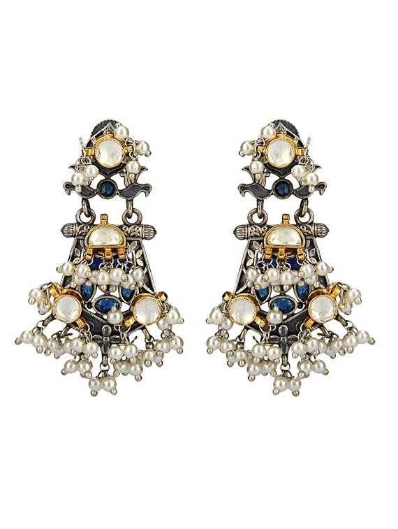 dual tone brass beaded oxidised drop earring - 19768262 -  Zoom Image - 0