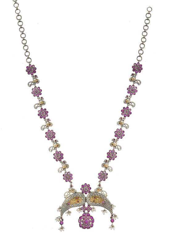 pink tone brass oxidised long necklaces and earring  - 19768271 -  Standard Image - 1