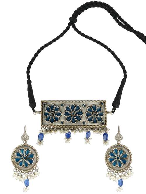 blue tone brass oxidised choker necklaces and earring - 19768272 - Standard Image - 0