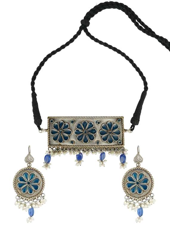 blue tone brass oxidised choker necklaces and earring - 19768272 - Zoom Image - 0