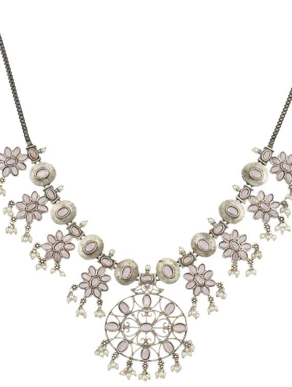 silver tone brass oxidised choker necklaces and earring  - 19768275 -  Standard Image - 1