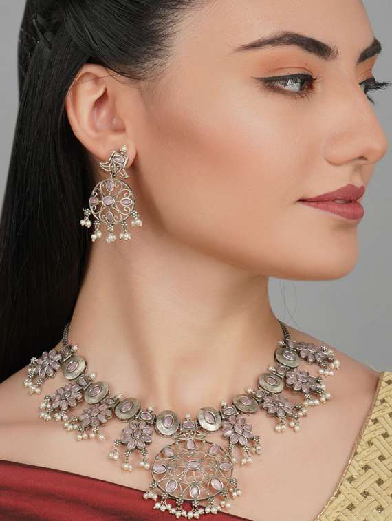 silver tone brass oxidised choker necklaces and earring  - 19768275 -  Standard Image - 4