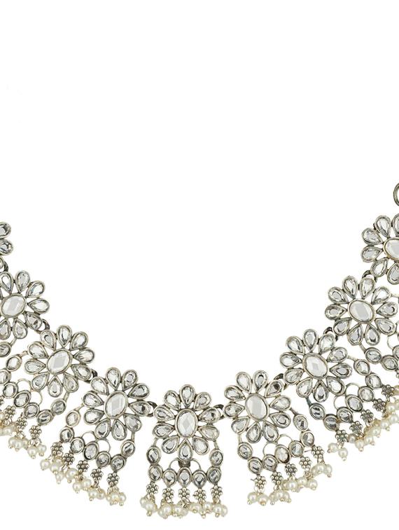 silver tone brass oxidised choker necklaces and earring - 19768276 - Standard Image - 1