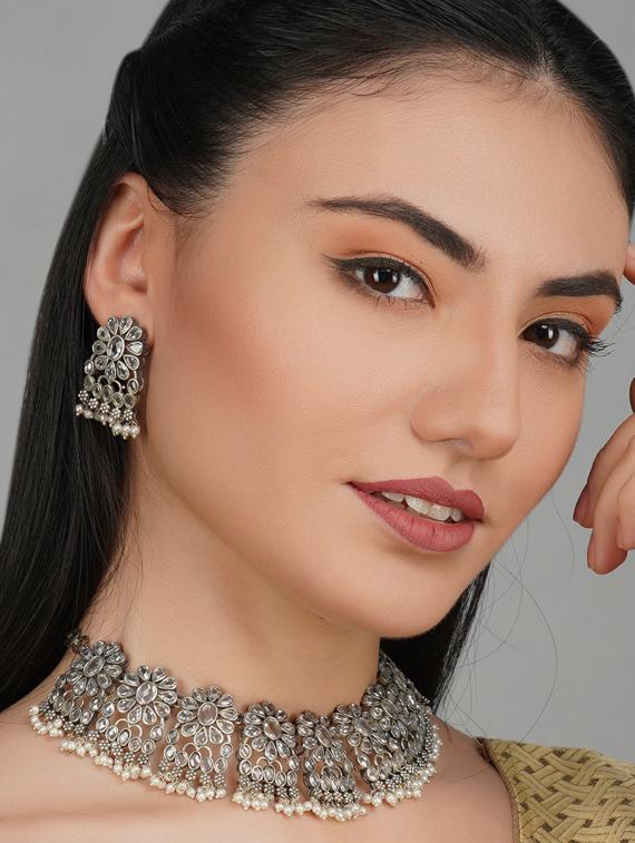 silver tone brass oxidised choker necklaces and earring - 19768276 - Standard Image - 4