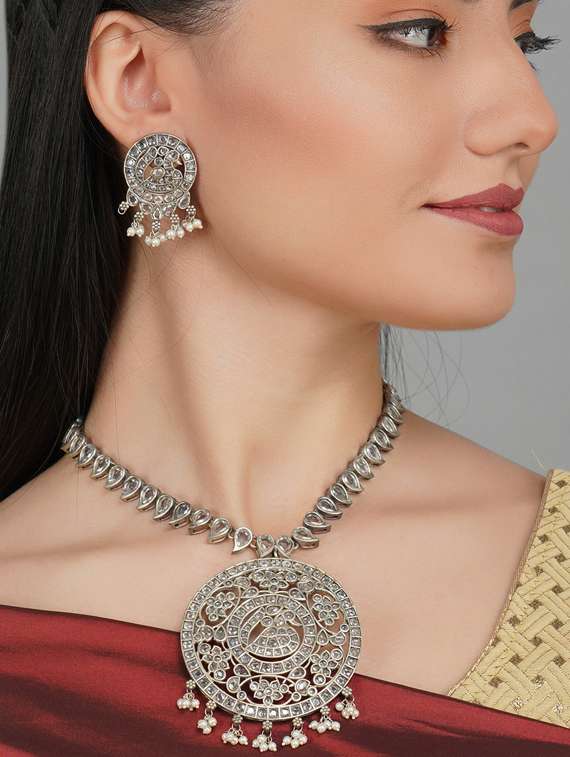 silver brass oxidised necklaces and earring  - 19768278 -  Standard Image - 4