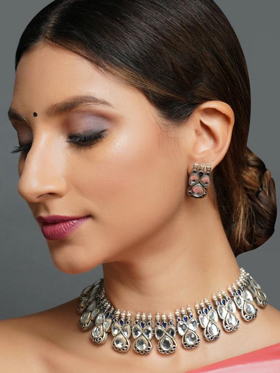 silver brass oxidised choker necklaces and earring - 19768283 - Standard Image - 4