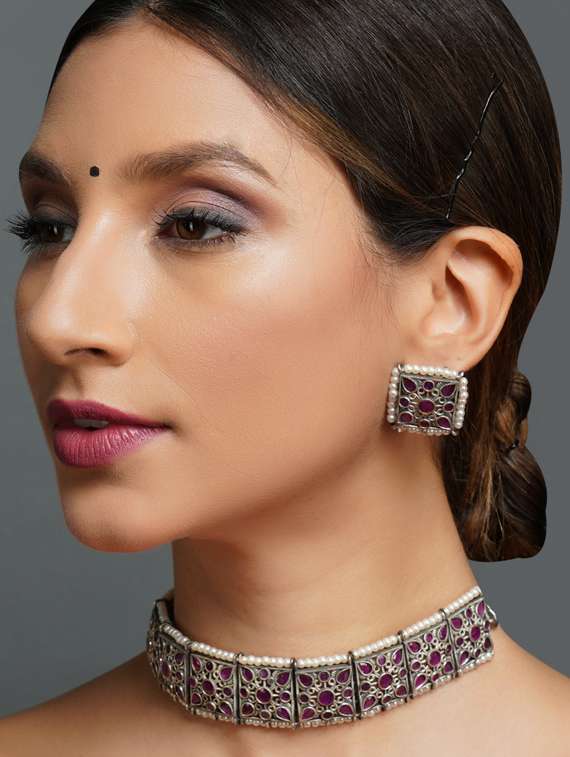 silver brass oxidised choker necklace and earring - 19768285 -  Standard Image - 4