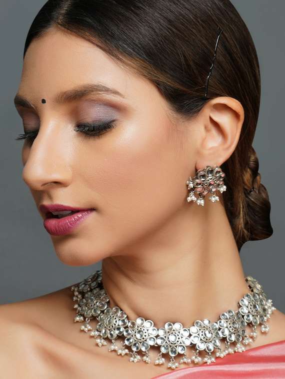 silver brass oxidised choker necklaces and earring  - 19768286 -  Standard Image - 4