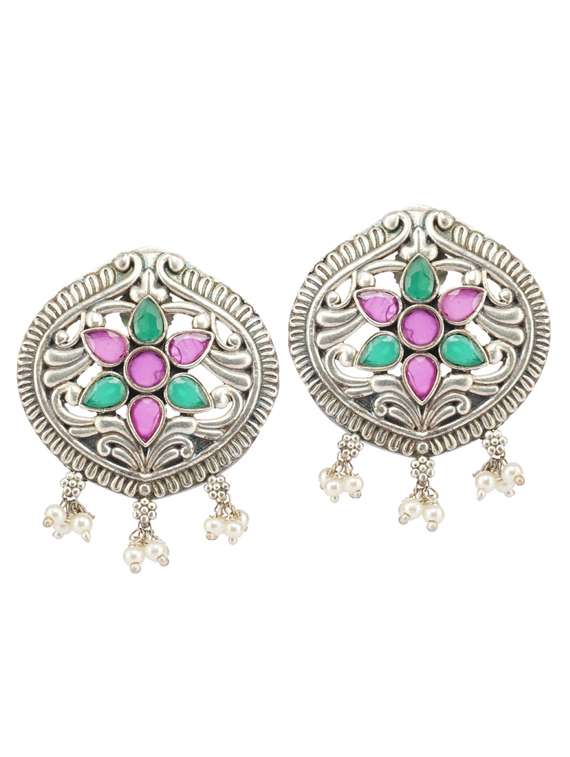 multi colored stone brass oxidised choker necklaces and earring  - 19768290 -  Standard Image - 1