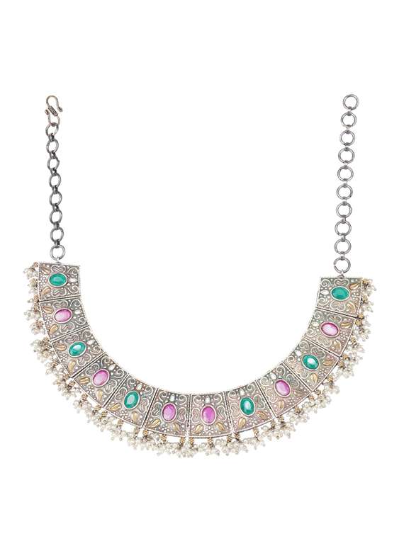 multi colored stone brass oxidised choker necklaces and earring  - 19768291 -  Standard Image - 1