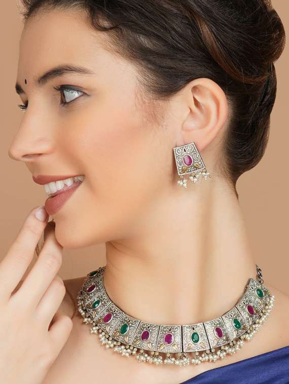 multi colored stone brass oxidised choker necklaces and earring  - 19768291 -  Standard Image - 4