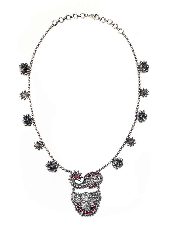 red stone studded brass long necklaces 