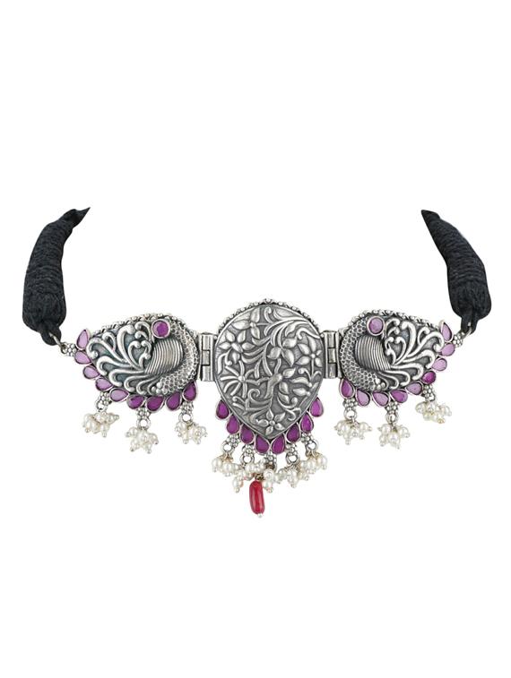 pink stone brass oxidised choker necklaces - 19768295 - Zoom Image - 0