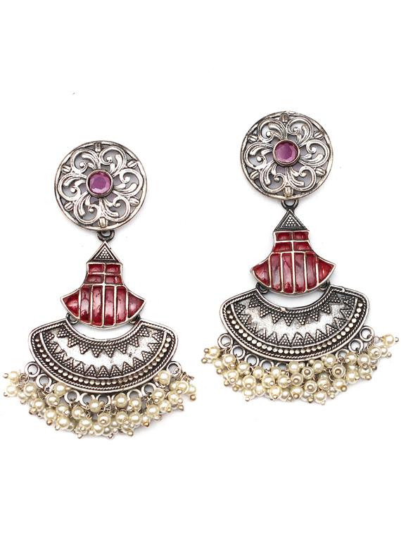 sliver brass oxidised beaded drop earring - 19768327 - Zoom Image - 0
