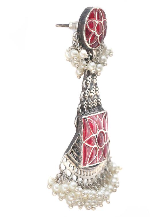 red sliver brass oxidised beaded drop earring - 19768331 - Standard Image - 1