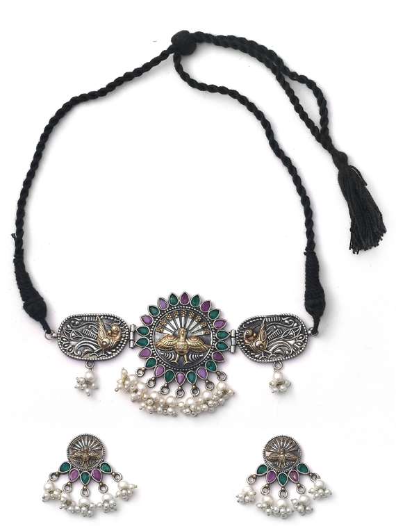 multi colored stone brass choker necklace and earring