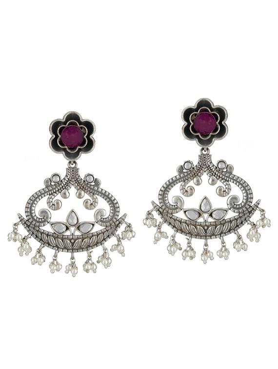 sliver brass oxidised beaded drop earring - 19768422 - Zoom Image - 0