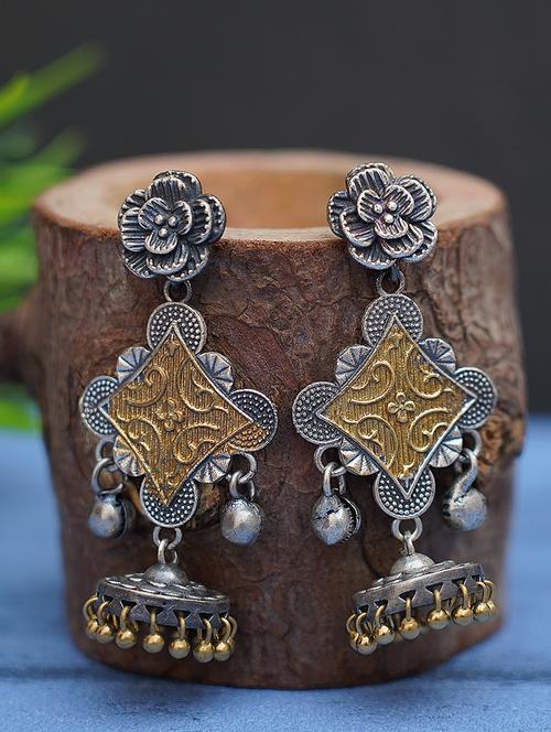 flower pattern dual tone brass earrings - 19768458 - Standard Image - 0