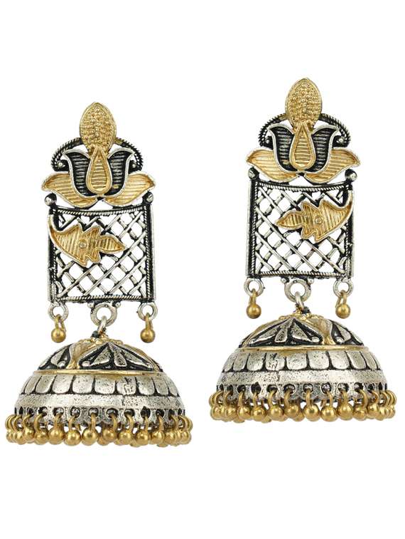 dual tone brass oxidised jhumka earring