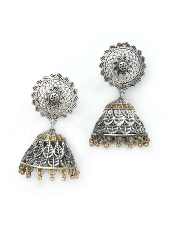 dual tone brass oxidised jhumka earring