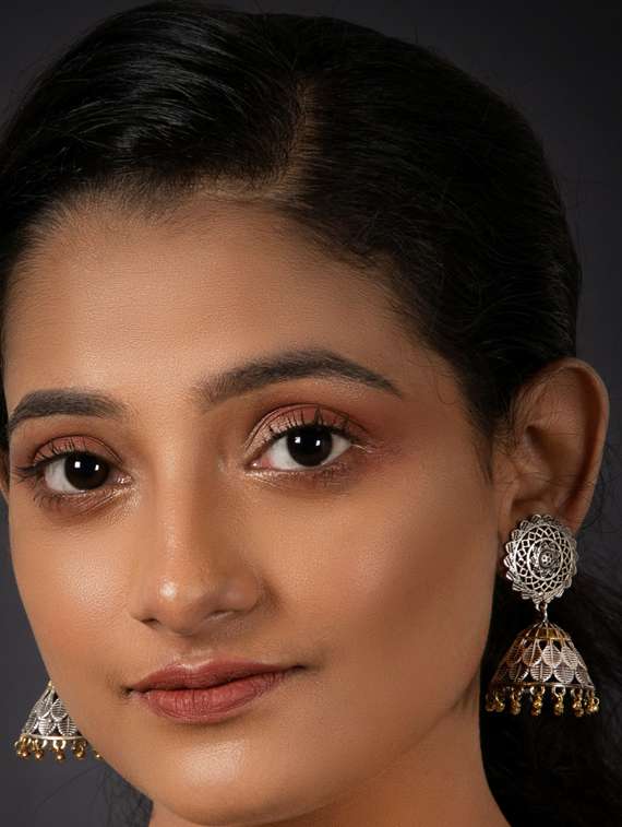 dual tone brass oxidised jhumka earring - 19768506 -  Standard Image - 1